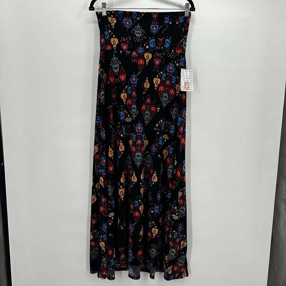 Lularoe Maxi Skirt Womens XS Black Slinky‎ Stretch Multicolor Art Printed